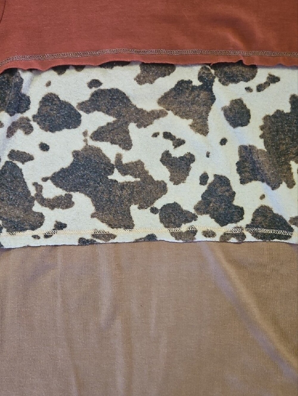Colorblock Long-Sleeve Top with Cow Print Panel - Rust/Brown - Picture 3 of 3